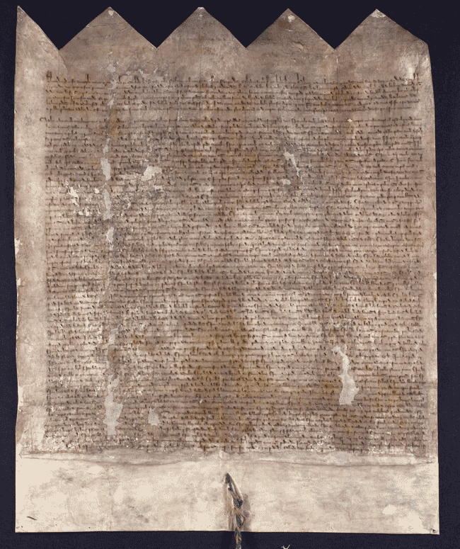 Image shows the indenture between King Edward I and John Balliol, King of Scotland, for the return of the documents relating to the Great Cause, 1292. National Records of Scotland reference SP13/1
